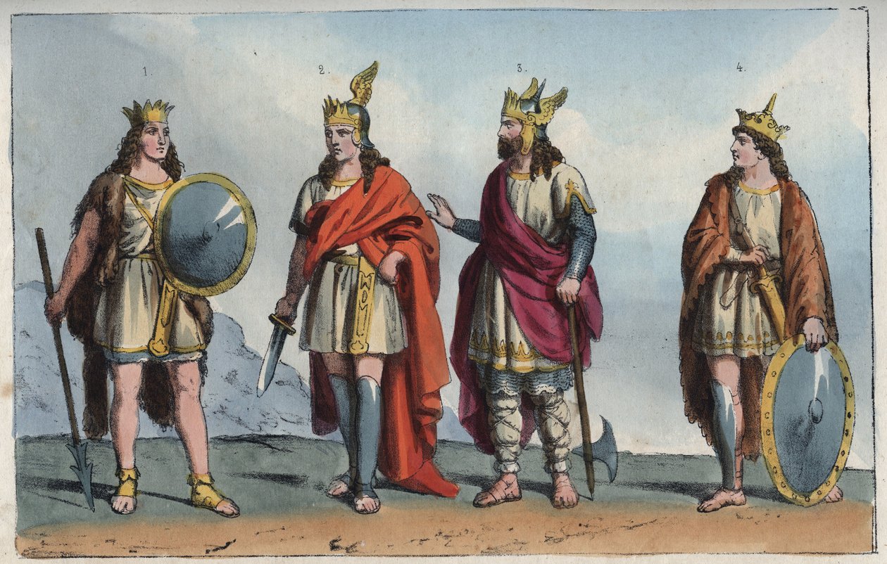Les Merovingiens - Merovingian dynasty - Pharamond or Faramund (- Chlodio (Clodius, Clodion, Cloio or Chlogio) (Clodion le Chevelu) (ca. 390 - ca. 450) - Merovech (Merovee or Merowig, ca. 412-457) and Clovis (ca. 466-511" - engraving from "Usi e Costumi di 作者 匿名匿名