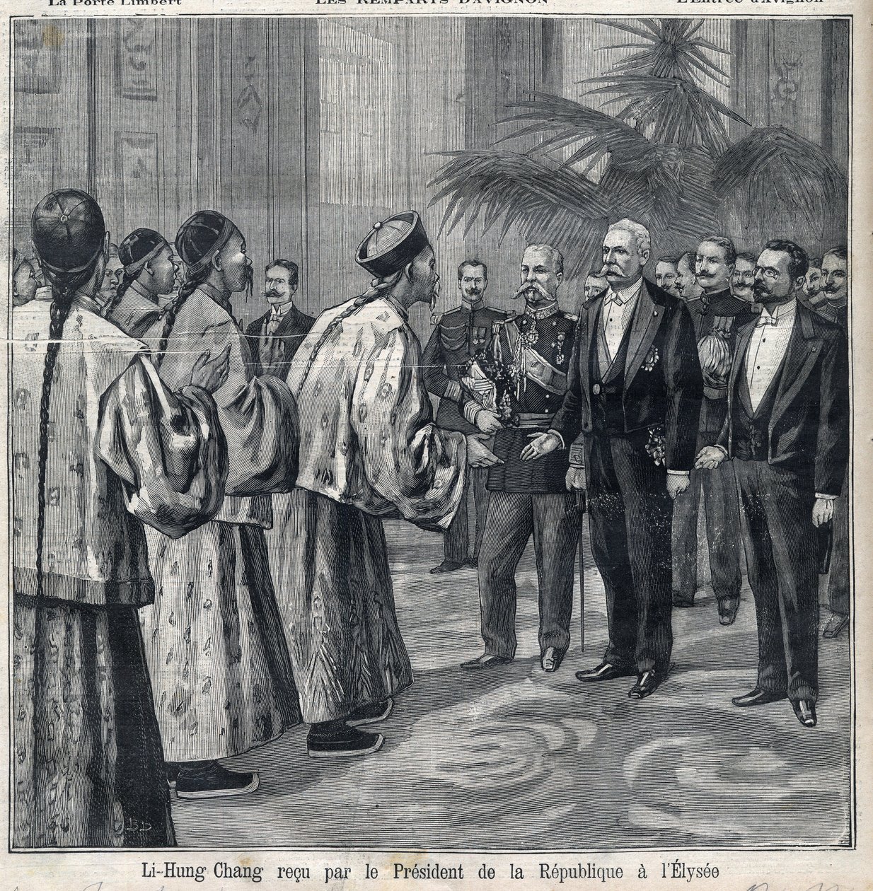 李鸿章在爱丽舍宫受到共和国总统费利克斯-福尔（1841-1899）的接待。雕刻在 "小巴黎人 "中" 作者 匿名匿名