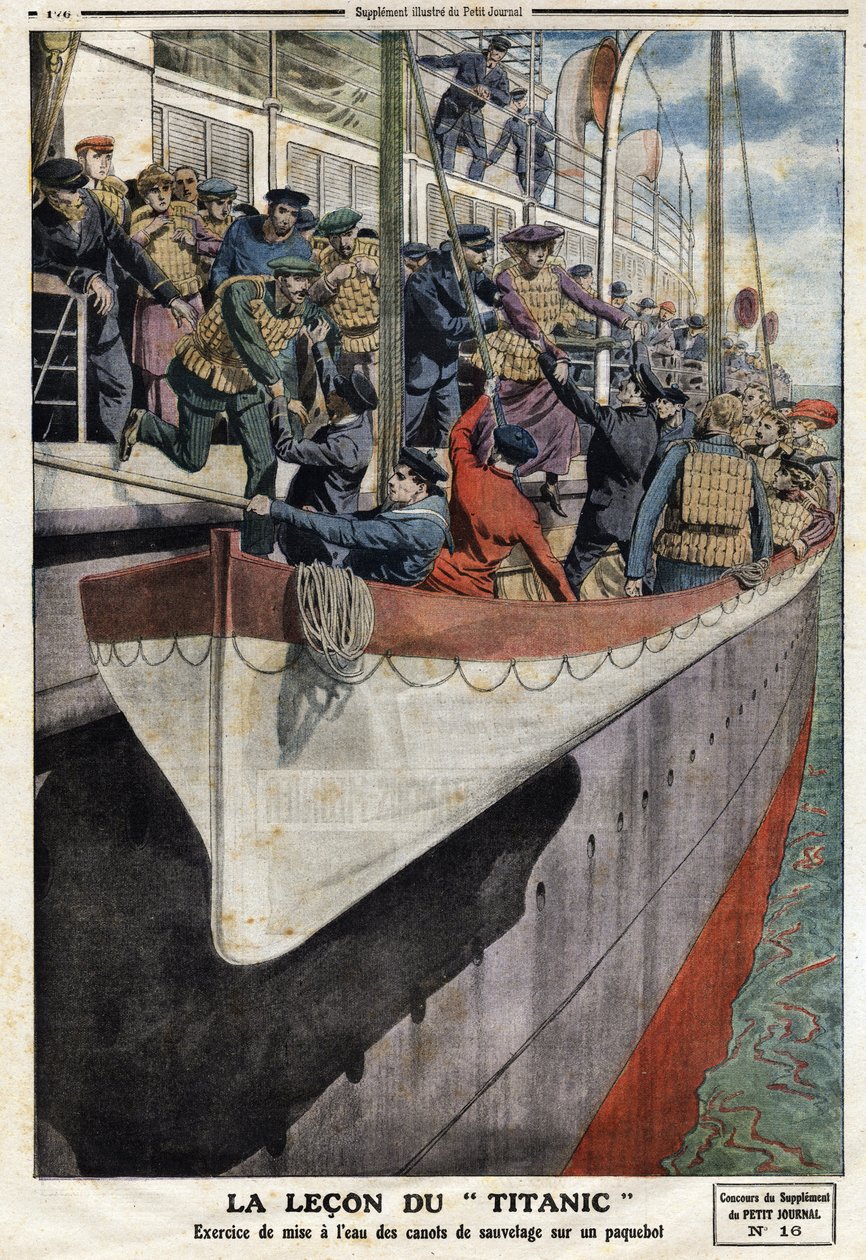 1912年4月15日，泰坦尼克号沉没后，班轮上的救生艇演习，插图来自法国报纸《小报》，6月2日 作者 匿名匿名