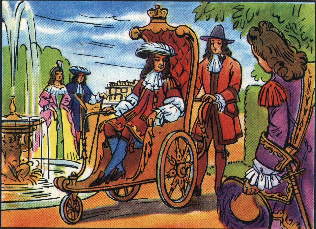 Louis XIV has the promenade, the King of France Louis XIV (1638-1715), sitting on a wheelchair, walking in the park of Versailles. Anonymous illustration in “” Collection des souverains et chefs d