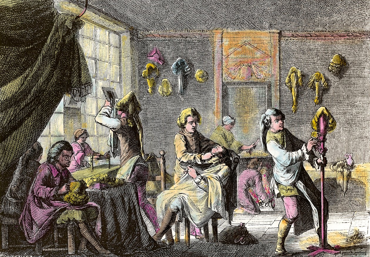 路易十五的时尚：假发美容师的内部景观。1755年左右的版画。私人收藏 作者 匿名匿名