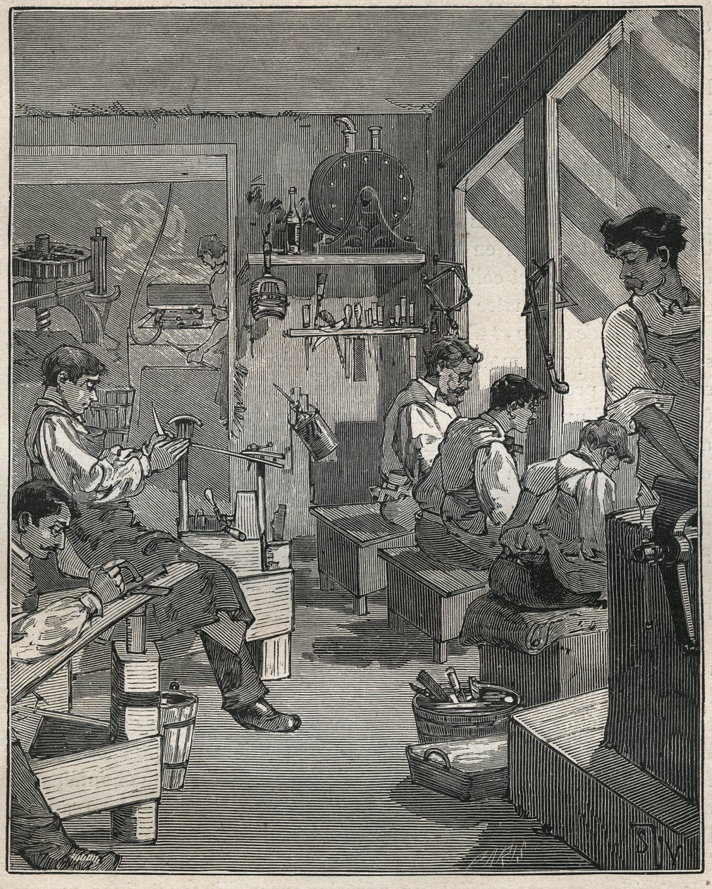 19世纪法国一家作坊的梳子制造。1885年阿道夫-比塔尔（Adolphe BITARD）在 "Les arts et metiers illustrstres "中的版画。 作者 匿名匿名