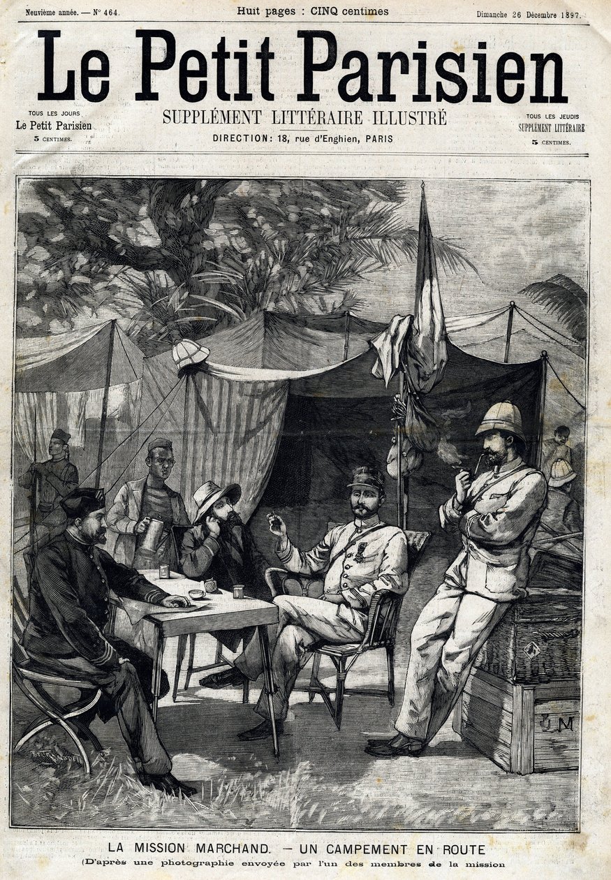 马尚任务营。让-巴蒂斯特（Jean Baptiste）-马尚（1863-1934），他的左边是巴拉蒂尔上尉，右边是维克多-伊曼纽尔-拉戈（1867-1916）中尉和杰曼上尉。1897年12月26日在 "Le Peute Parisien "上。私人收藏 作者 匿名匿名