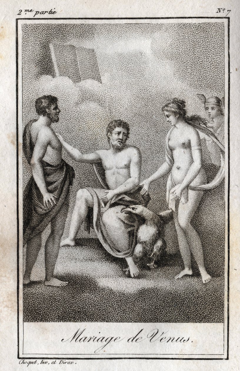 火星和维纳斯的婚姻。1819年的雕版画，载于查尔斯-阿尔伯特-德穆斯特（1760-1801）的 "Lettres a Emilie sur la mythologie"。私人收藏。 作者 匿名匿名