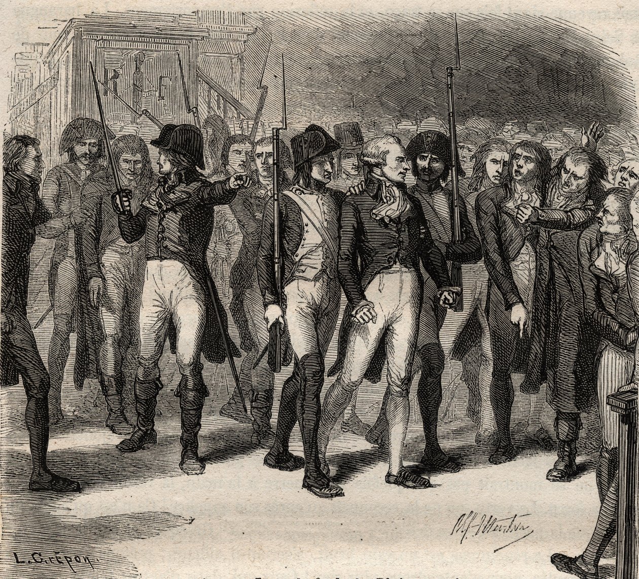 马克西米利安-罗伯斯庇尔和他的同案犯在1794年的会议上被捕 - 马克西米利安-罗伯斯庇尔和他的同案犯在1794年的会议上被捕 - - 阿尔方斯-德-拉马丁（1790-1869）的《吉伦特人史》中的版画 1865-1866。私人学院 作者 匿名匿名