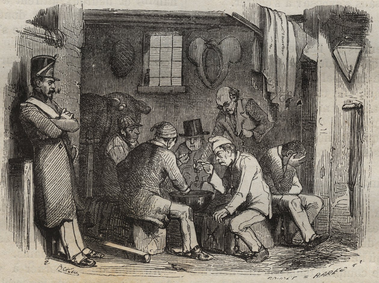 19世纪罗什福尔监狱的猫咪们在吃饭。雕刻在 "Histoire des bagnes depuis leur création à nos jours"（1877年）中，作者是Pierre Zaccone（1817-1895年）（Colonia Penale-刑罚殖民地）。私人收藏。 作者 匿名匿名