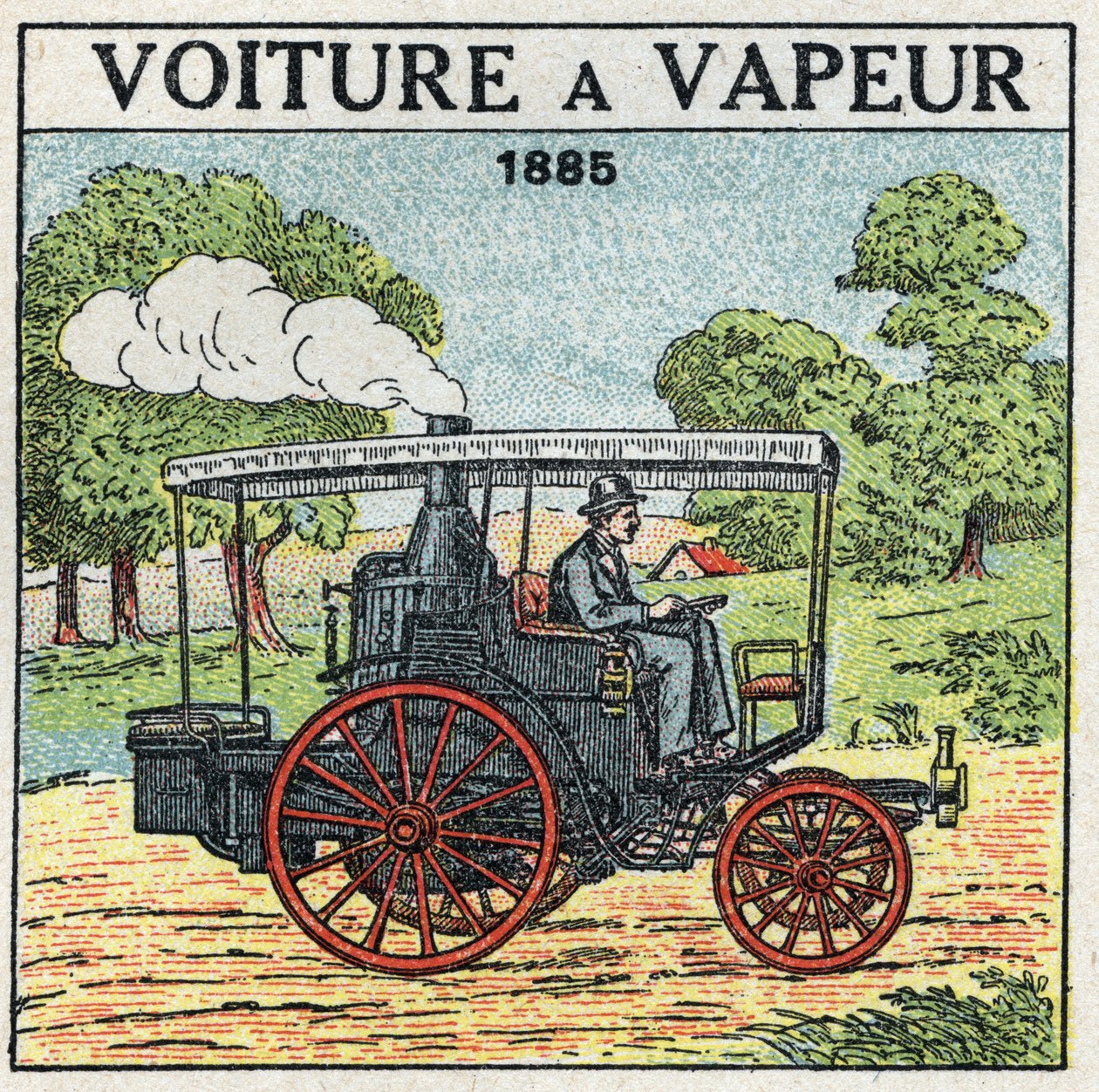 机械牵引：1885年阿尔伯特-德-迪翁侯爵（1856-1946）的蒸汽车。1925年的匿名插图。私人收藏。 作者 匿名匿名