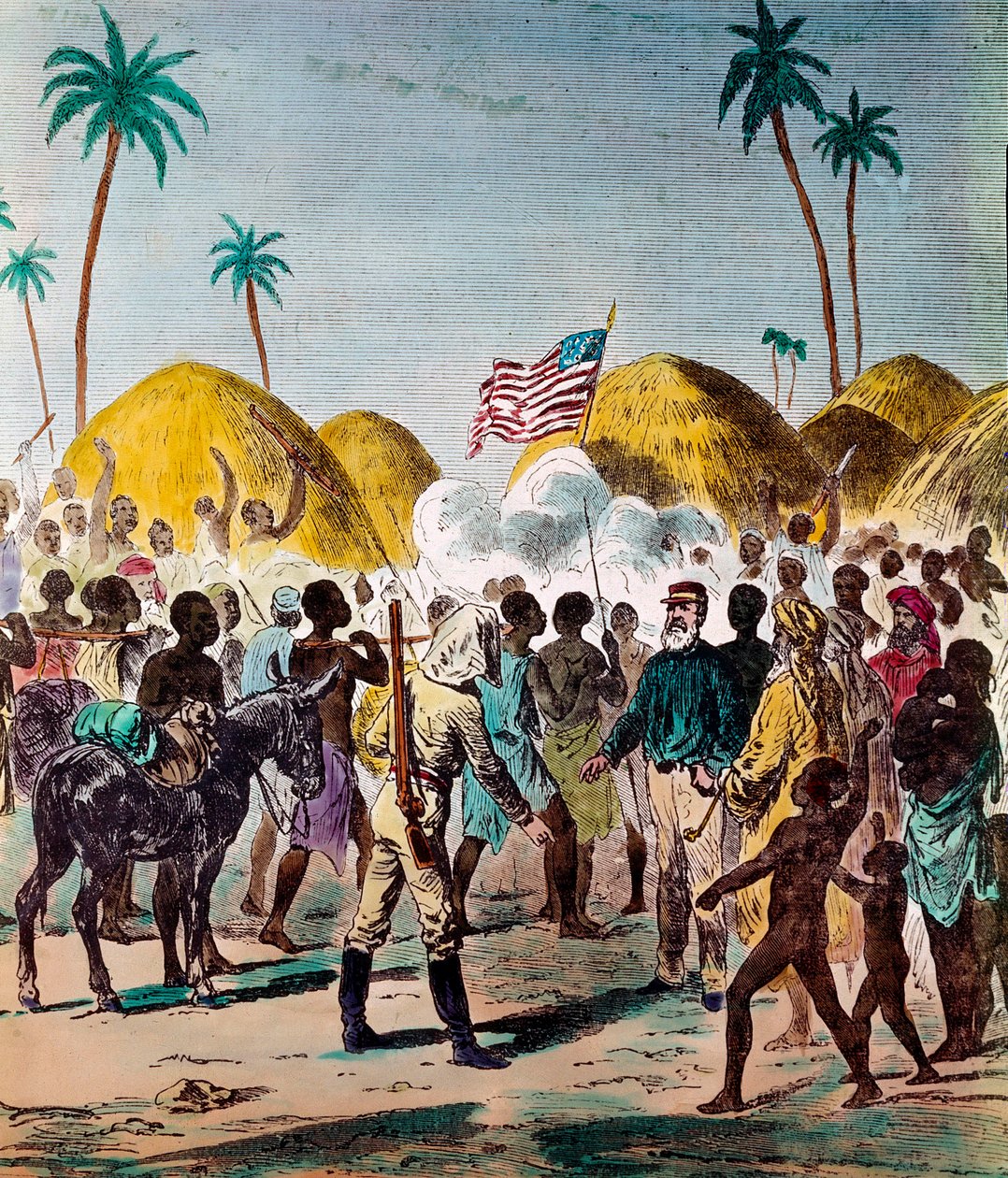 1871年11月10日，记者亨利-莫顿-斯坦利（1841-1904）和英国医生兼探险家大卫-利文斯通（1813-1873）在坦桑尼亚会面。19世纪的雕版印刷品 私人收藏 作者 匿名匿名