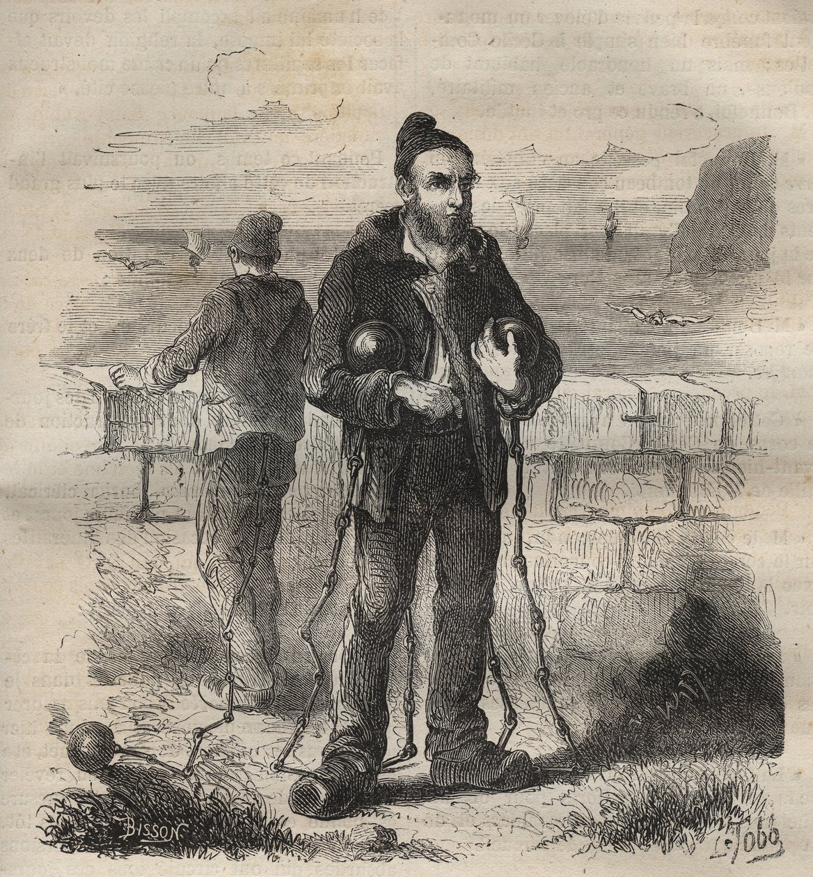 19世纪被判处死刑的土伦监狱的军人。皮埃尔-扎科内（Pierre Zaccone）（1817-1895年）在《从创建到现在的监狱史》（Histoire des bagnes depuis leur création to nos jours）（1877年）中的版画（Colonia Penale-刑罚殖民地）。私人收藏。 作者 匿名匿名