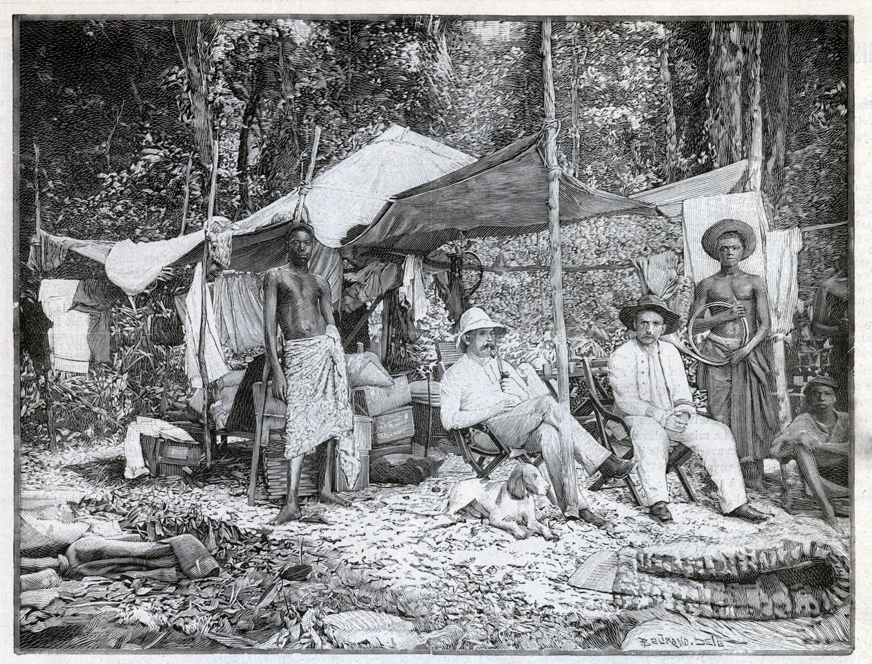 法国船长路易斯-古斯塔夫-宾格（1856-1936）的任务：位于科特迪瓦阿弗罗努的任务营地。1892年的 "世界图景 "中的雕刻作品。私人收藏。 作者 匿名匿名