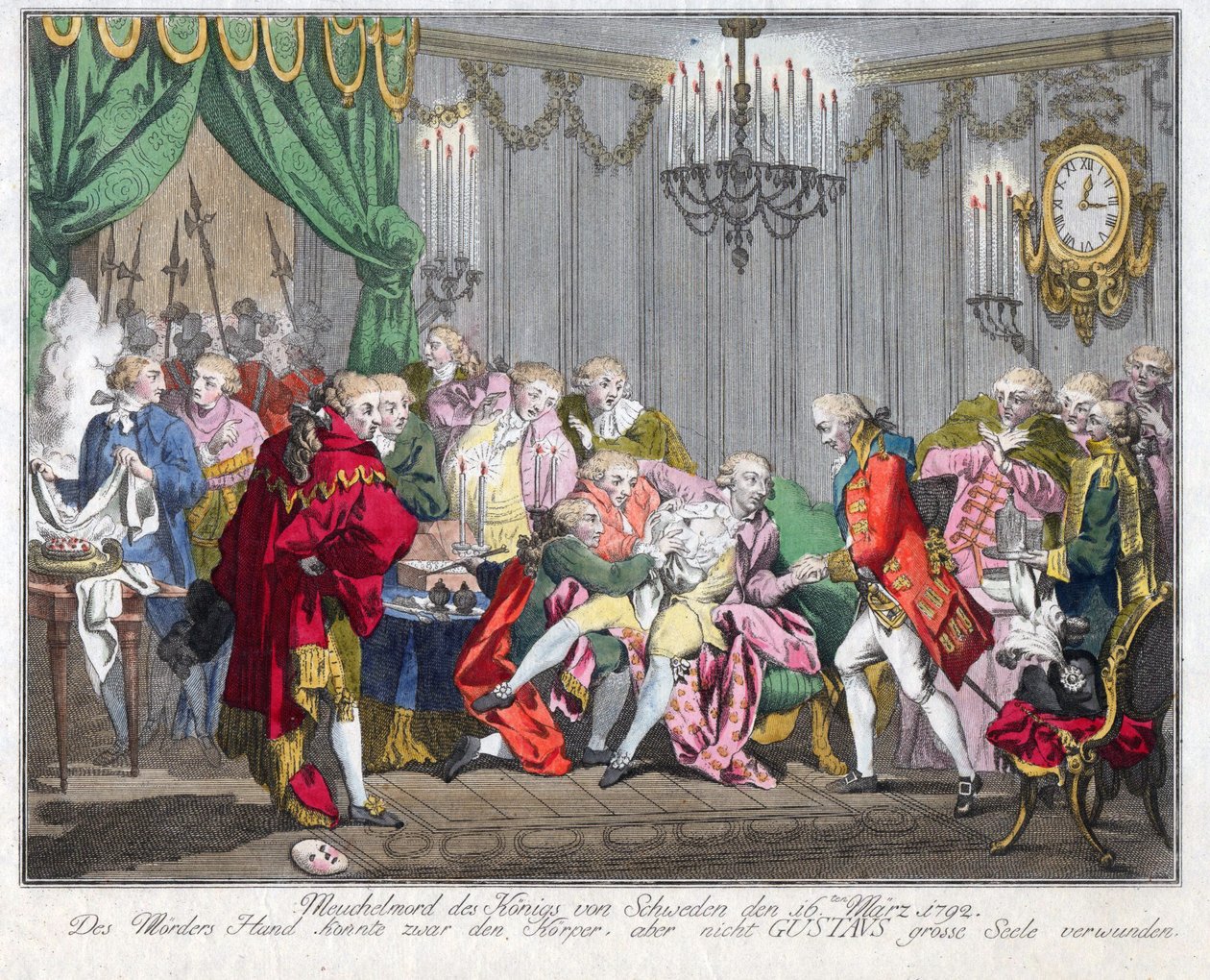 Mort de Gustave III de Suede (1746-1792) - 1792 年 3 月 16 日刺杀古斯塔夫三世国王 - 匿名 - 1792 - 蚀刻，水彩 - 33,5x46,3 - 私人收藏 作者 匿名匿名