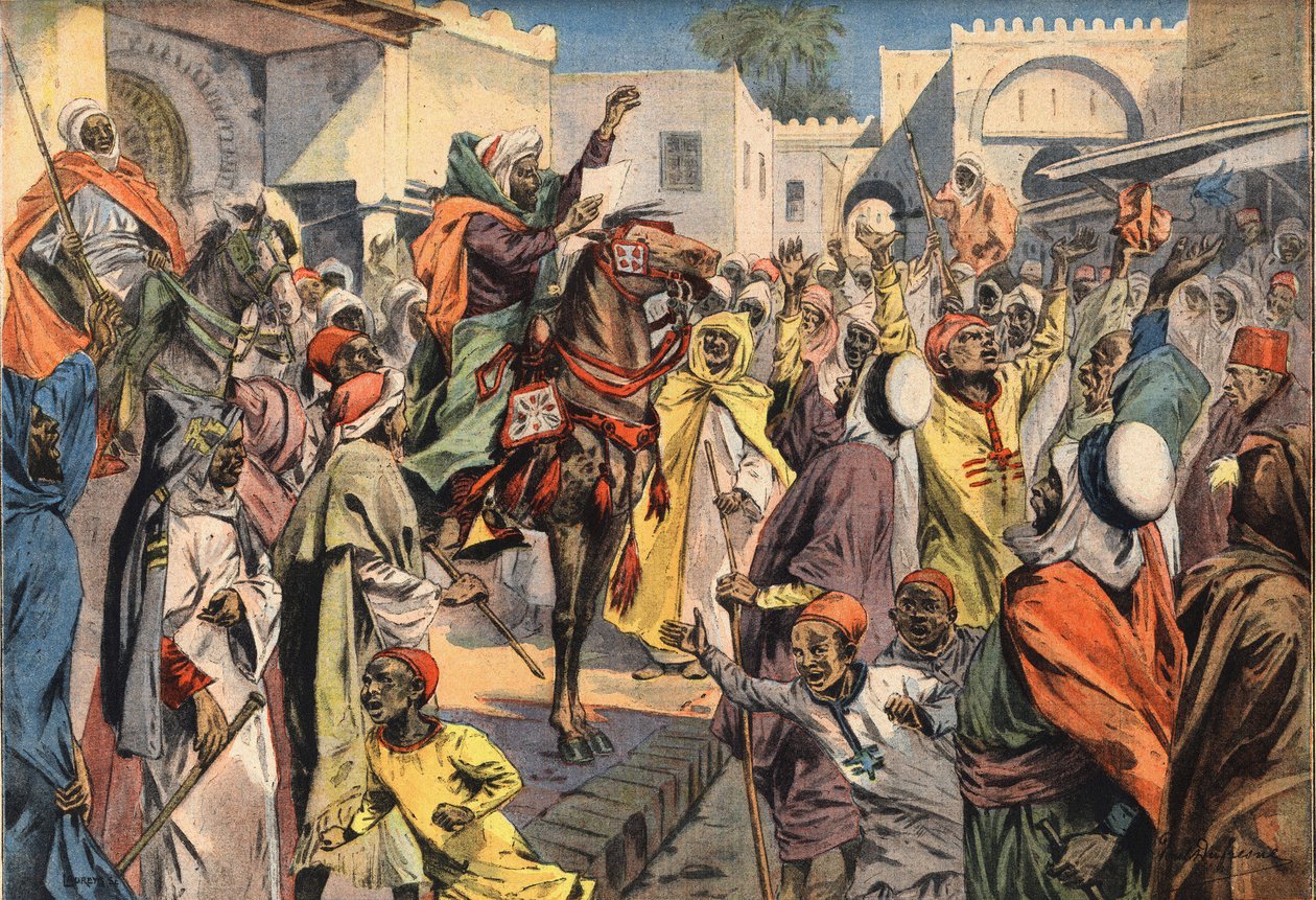 穆雷-哈菲德（Moulay-Hafid）向非斯宣布成为苏丹：公共传令官向人群宣布了该宣言。雕刻自报纸 "Le Petite Parisien"，1908年1月26日。私人收藏。 作者 匿名匿名