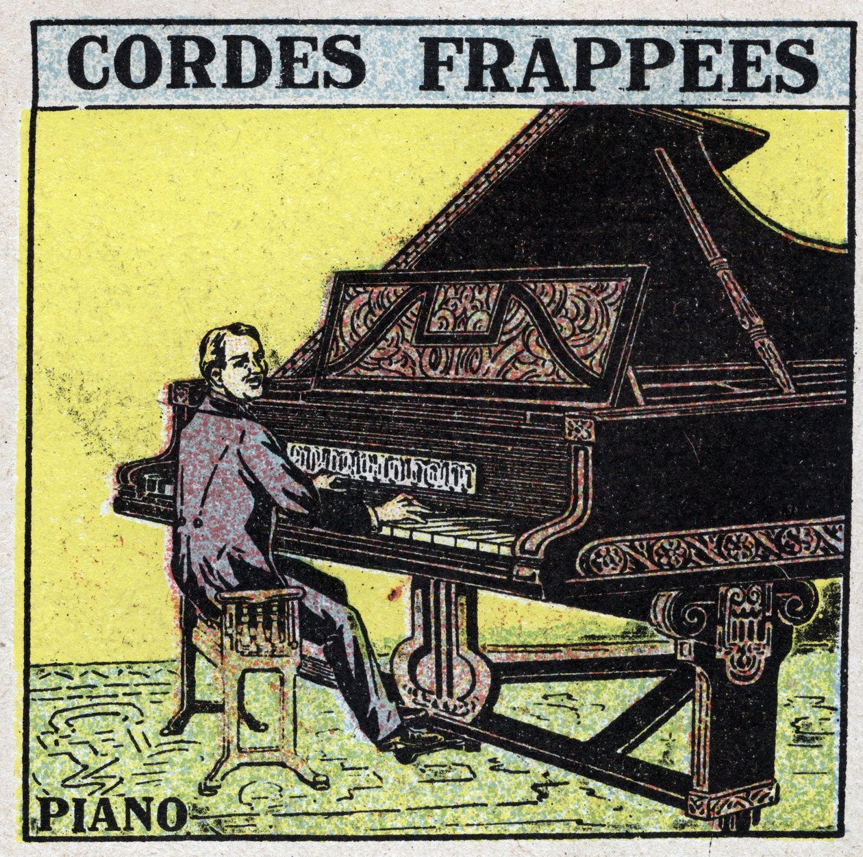 Musical instruments: batted string instruments. A piano player. Anonymous illustration from 1925. Private collection. 作者 匿名匿名