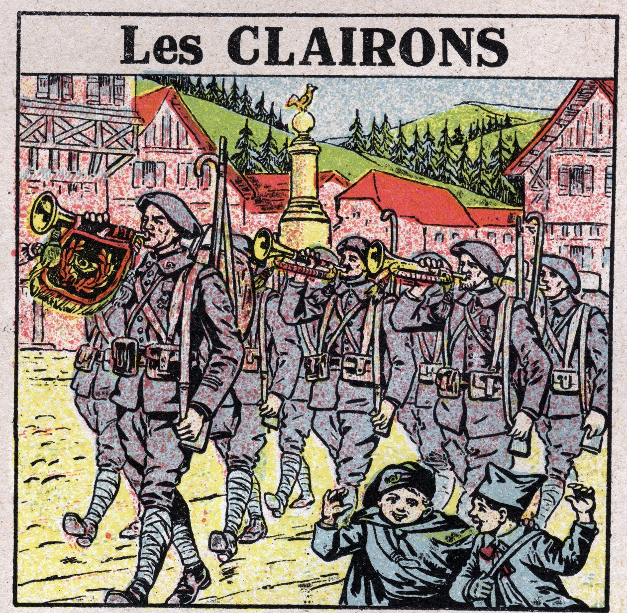 Musical instruments: wind instruments with a jar mouth. Bugle players during a military run. Anonymous illustration from 1925. Private collection. 作者 匿名匿名