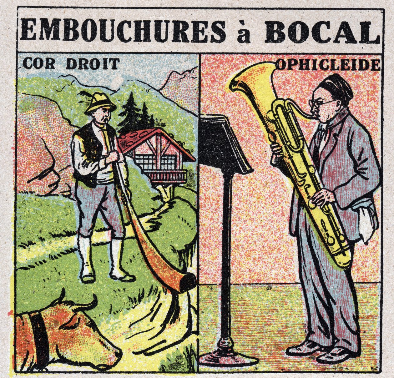 Musical instruments: wind instruments with a jar mouth. Straight horn and ophicleide players. Anonymous illustration from 1925. Private collection. 作者 匿名匿名