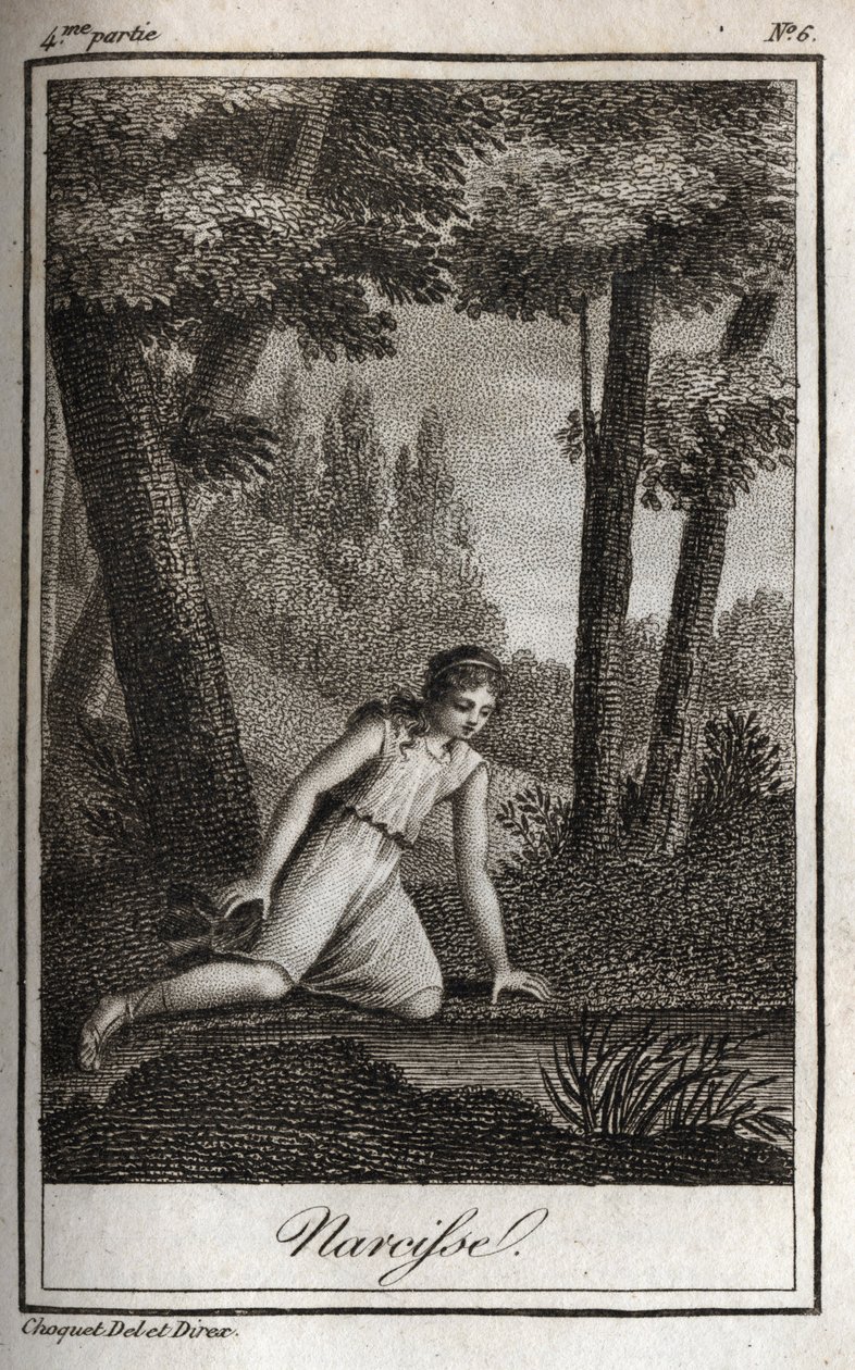 Narcisse沉思着他的倒影（Narciso） 1819年的雕刻，载于Charles Albert Demoustier（1760-1801）的《Lettres a Emilie sur la mythologie》。私人收藏。 作者 匿名匿名