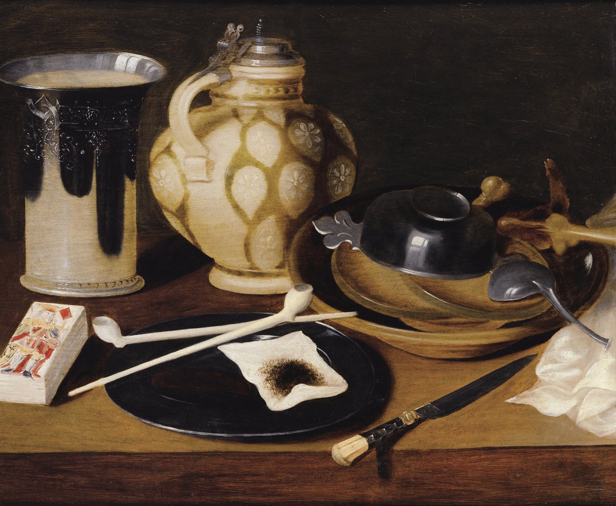 "Nature morte a la pipe, au roi de carreau, couteau et pichet" (Still Life with a Pipe, a King of Diamonds, a Knife and a Pitcher) Peinture anonyme vers 1650 Oil on wood, Dim 52x64 cm Private Collection 作者 匿名匿名