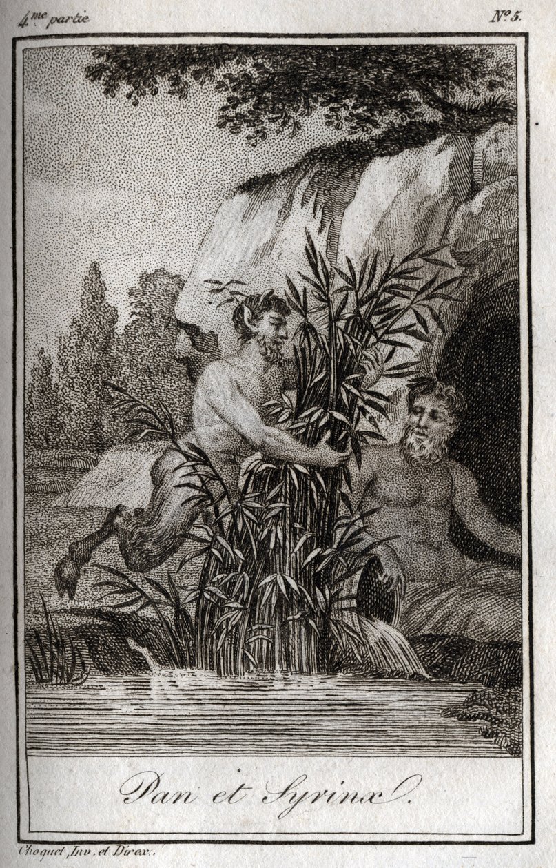 潘和仙女Syrinx变成了芦苇（潘和仙女Syrinx）。1819年的雕版画，载于查尔斯-阿尔伯特-德穆斯特（1760-1801）的 "Lettres a Emilie sur la mythologie"。私人收藏。 作者 匿名匿名