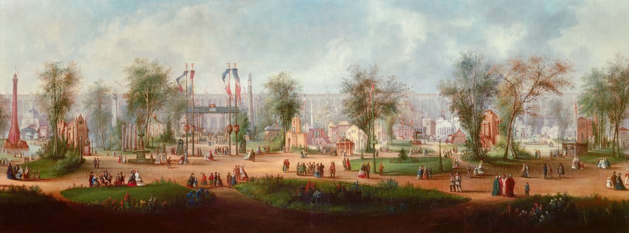 1867 年巴黎世界博览会的全景图。匿名绘画。 1867 太阳。 0,49x2,9 m 巴黎，卡纳瓦莱博物馆 作者 匿名匿名