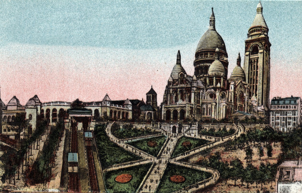 巴黎：蒙马特山上的缆车和圣心大教堂（Sacre-Coeur）。巴黎市 "艺术专辑 "中的1920年的照片。私人收藏。 作者 匿名匿名
