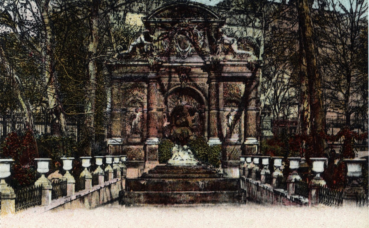 巴黎：卢森堡花园中的Fontaine Medicis景观。1920年的照片，收录在巴黎市的 "艺术专辑 "中。私人收藏。 作者 匿名匿名