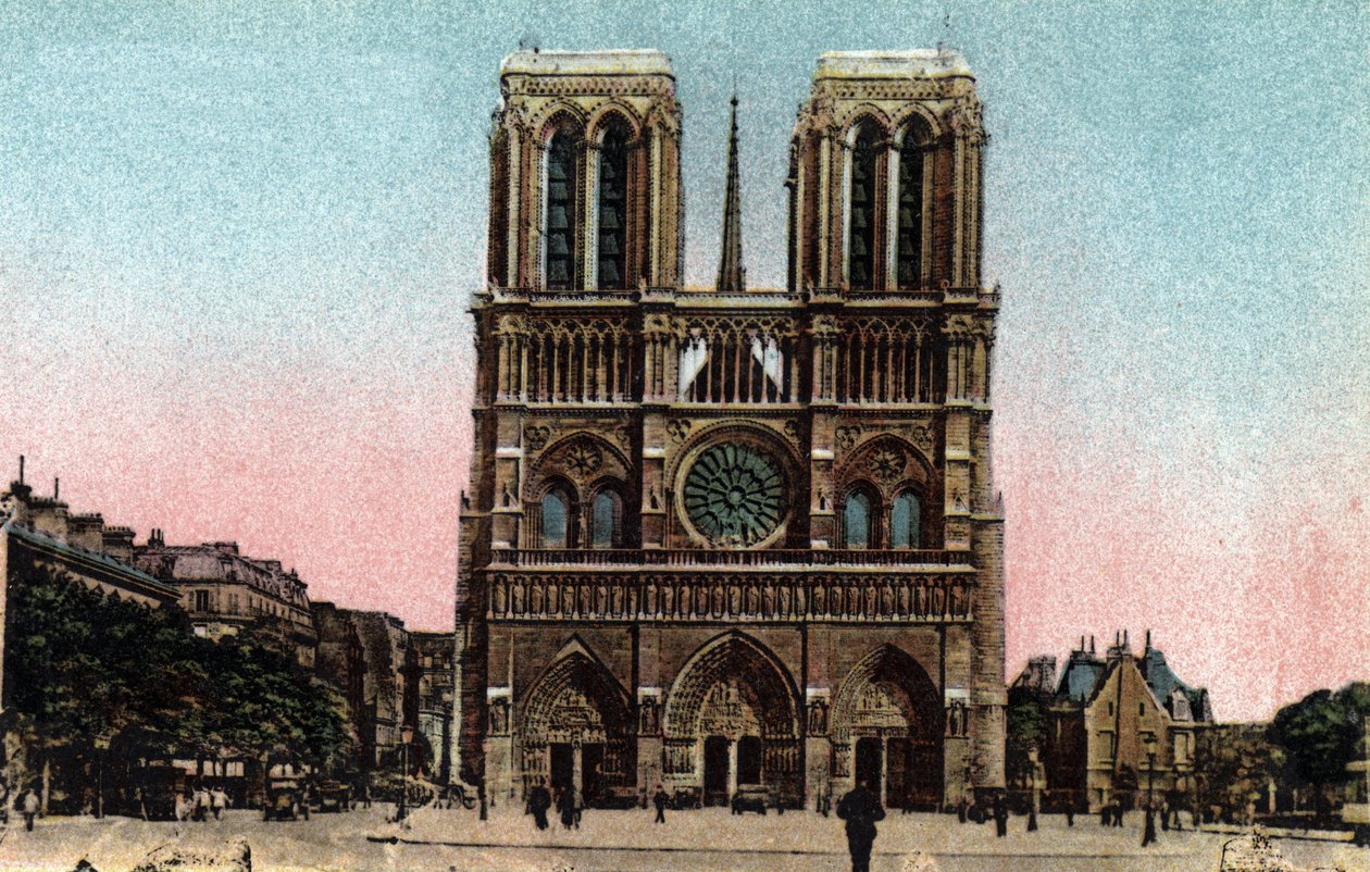 巴黎：圣母院大教堂（Notre-Dame）的外墙景观。哥特式建筑。巴黎市 "艺术专辑 "中1920年的照片。私人收藏。 作者 匿名匿名