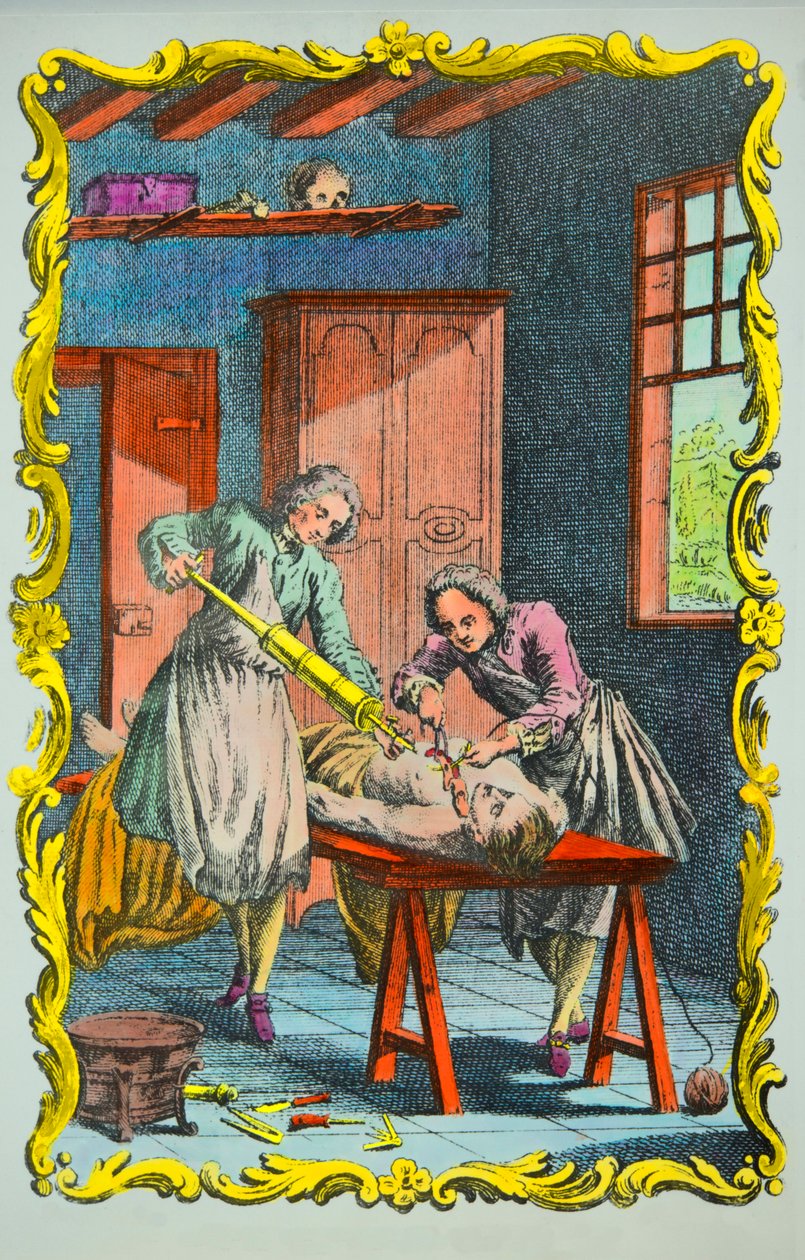 Physician studying blood movement: frontispiece of the “memoire sur le mouvement du sang et sur les effets de la seaignee” by Albrecht von Haller (1708-1777) 1756, Collection Privee 作者 匿名匿名