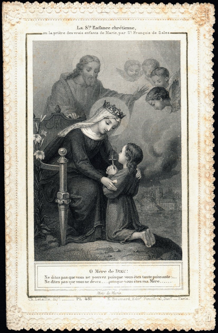 Pious image: “” Holy Christian childhood, or the prayer of the true children of Mary, by Saint Francois de Sales”” Dentelee card. Private Collection 作者 匿名匿名