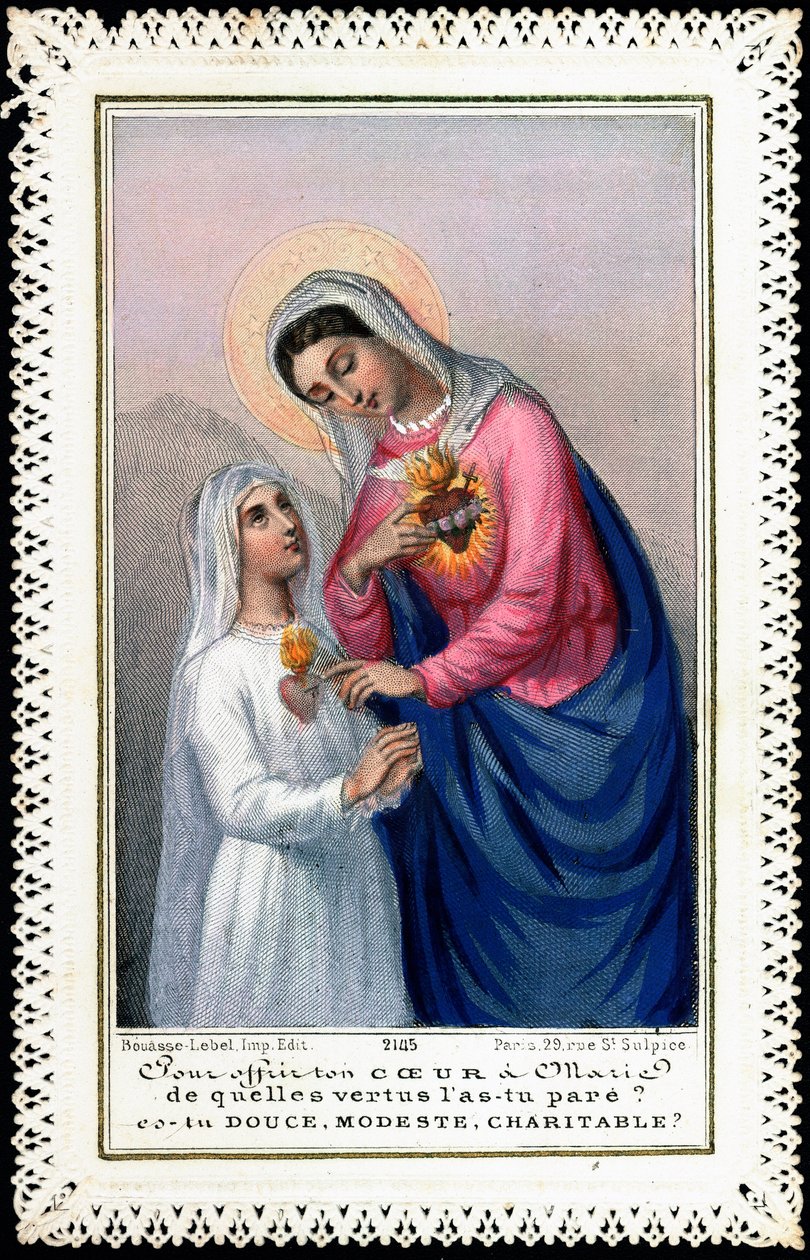 Pious image: Little girl in communion dress offering her heart to the Virgin Mary. “” To offer your heart to Mary, of what virtues you adorn it, are you sweet, modest, charitable””” Dentelee card. 19th century. Private Collection 作者 匿名匿名