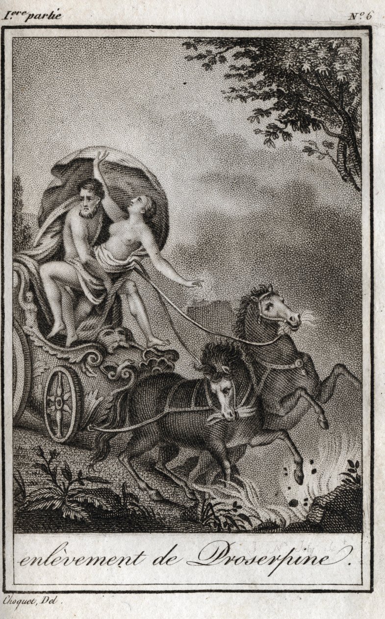 Pluto (Hades) takes Persephone (Proserpine) in front of his mother, Ceres (Demeter), and takes him to the kingdom of the Underworld. Pluto carries off Persephone to his kingdom, the underworld, in Greek mythology. Engraving from 1819 in “Lettres a Emilie s 作者 匿名匿名