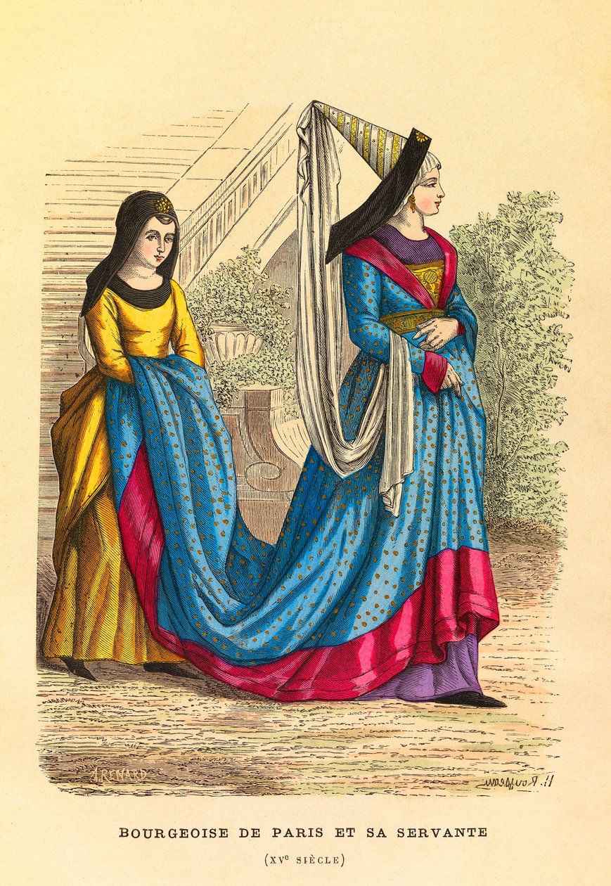 15世纪来自巴黎的资产阶级与她的女仆的肖像和服装，版画--私人收藏 作者 匿名匿名