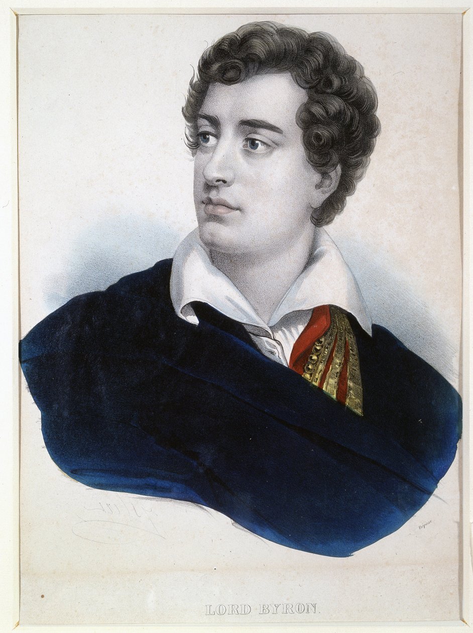 Portrait du poete Lord George Noel Byron (1788-1824)（诗人拜伦勋爵肖像）。石版画，无名氏，水彩画，19 世纪初。普希金纪念博物馆，圣彼得堡。 作者 匿名匿名