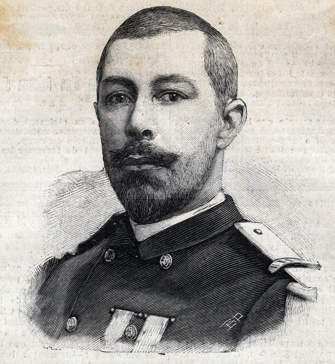 安托万-米松（1853-1899）法国非洲探险家的画像。雕刻在 "Le Peute Parisien "中。 作者 匿名匿名