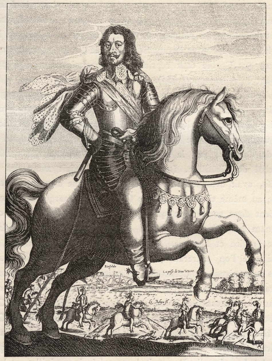 萨克森-魏玛（Saxony-Weimar）的伯纳德（1604-1639）的肖像，表现了伯纳德公爵和罗汉公爵捕获韦尔特的约翰。17世纪的雕版画。私人收藏。 作者 匿名匿名