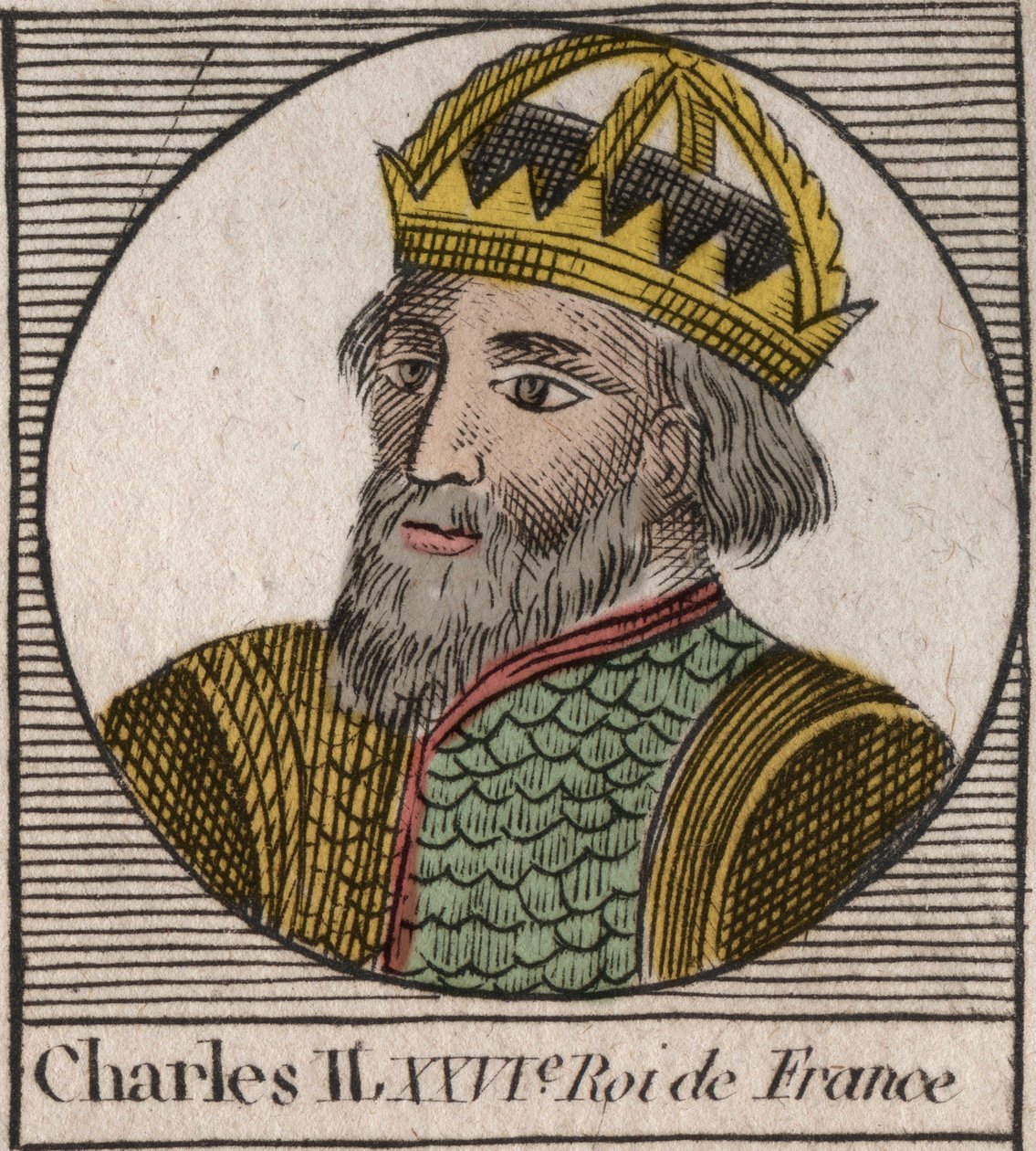 法国国王查理二世(823-877)的肖像--查理二世(823-877)秃头--雕刻自Charles Constant Le Tellier 1821年的《法国历史教学》。 作者 匿名匿名