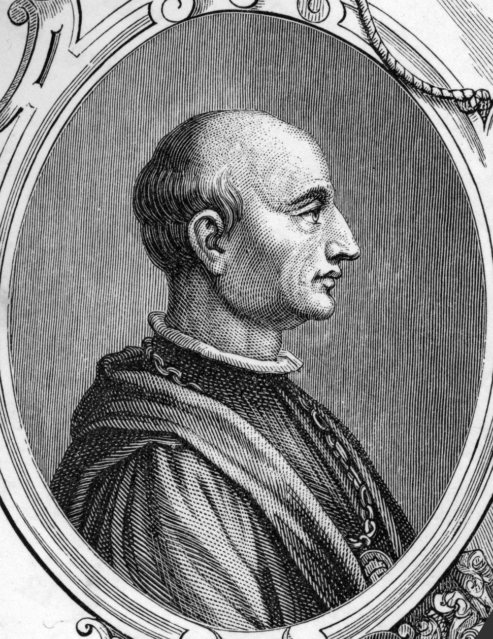 Gentile Bellini (1429-1507)的肖像，意大利画家。1859年雕刻于 "欧洲画廊-意大利 "的 Armengaud。私人收藏。 作者 匿名匿名