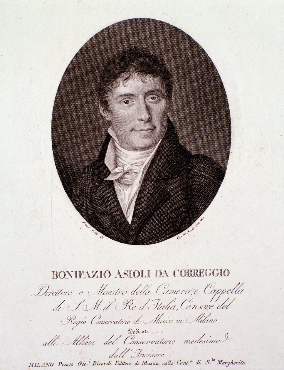 意大利作曲家Bonifazio Asioli (1769-1832)的画像 雕刻。19世纪。私人收藏 作者 匿名匿名