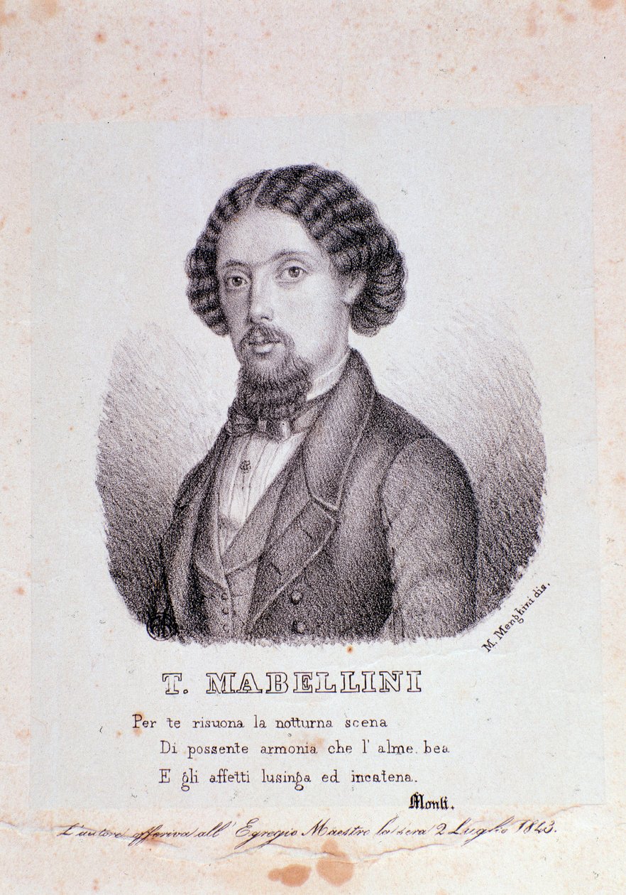 意大利作曲家Teodulo Mabellini (1817-1897)的肖像，雕刻。1843.米兰人的私人收藏 作者 匿名匿名