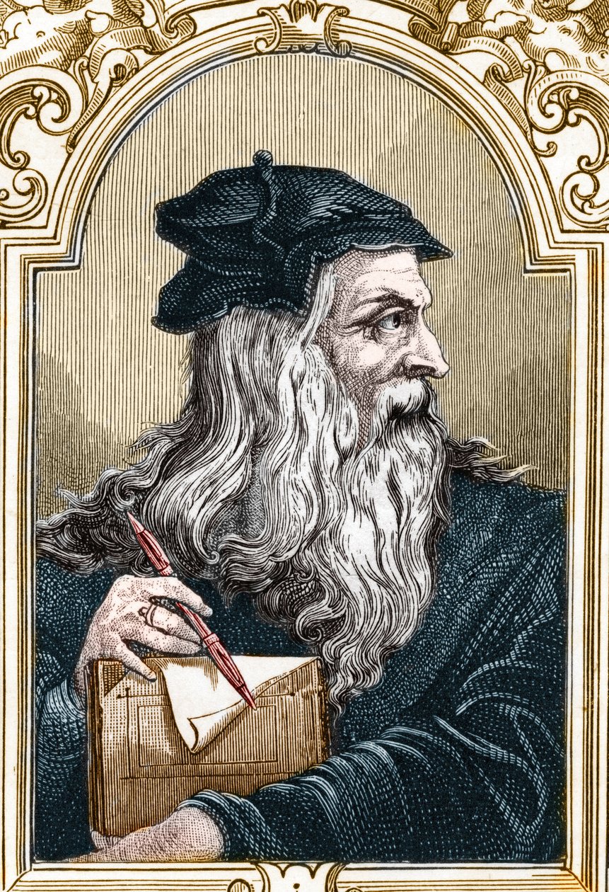 伦纳德-德-芬奇(Leonard da Vinci)(1452-1519)的肖像。1859年雕刻于Armandaud的 "欧洲画廊-意大利"（雕刻）。 作者 匿名匿名