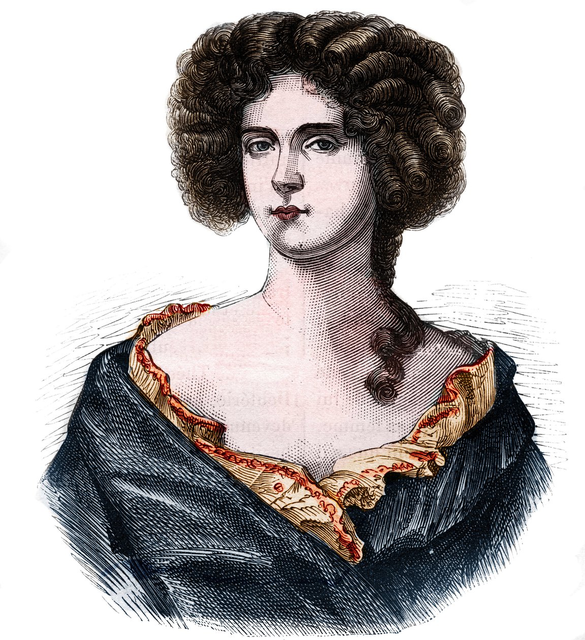 Portrait of Louise de Keroualle (1649-1734), Duchess of Portsmouth and mistress of Charles II (1630-1685). Engraving in “Histoire de la prostitution et de la debauche dans les peuples du globe depuis l