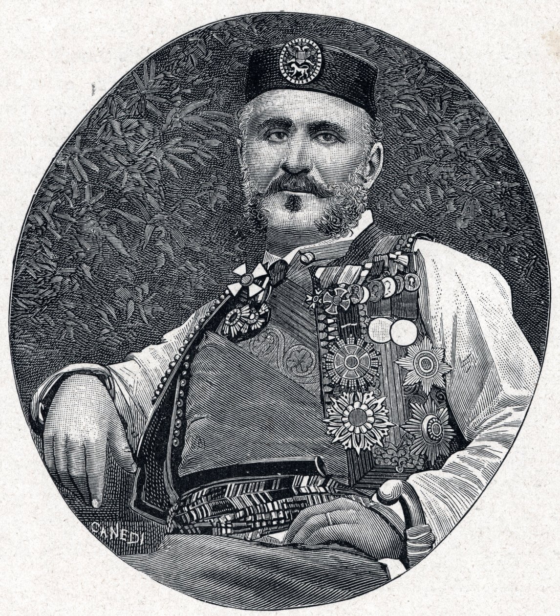 黑山的尼古拉一世（Nikola I Petrovic-Njegos）（Petrovic Njegos）（1841-1921）的肖像，黑山和贝尔达的王子。雕刻在 "Les Missions Catholiques au XIXeme Siecle "中，作者是Louis-Eugene（路易-尤金）-Louvet。私人收藏。 作者 匿名匿名