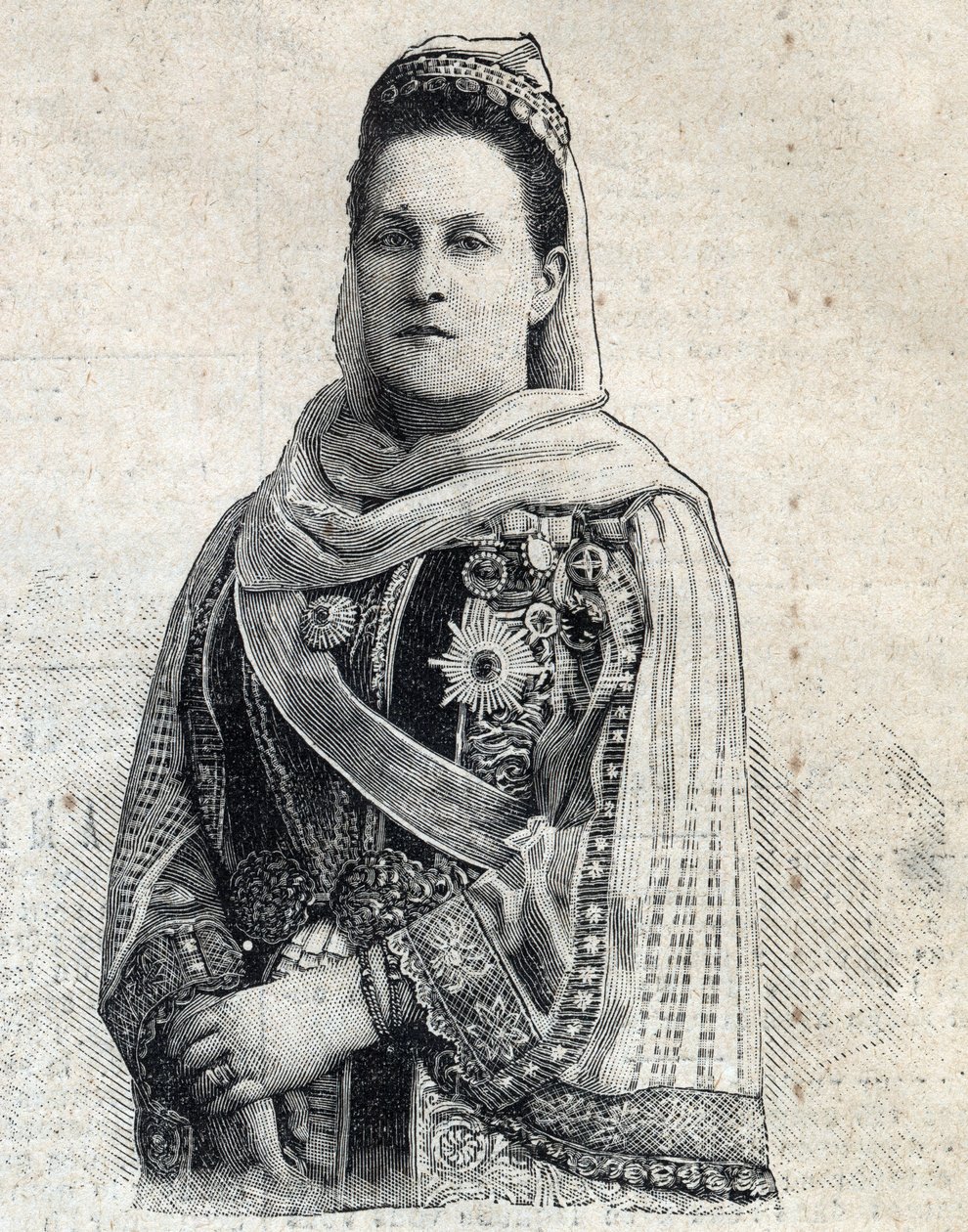 俄罗斯的奥尔加-康斯坦丁诺夫娜（1851-1926）希腊女王的肖像。雕刻在 "Le Peute Parisien "上。 作者 匿名匿名