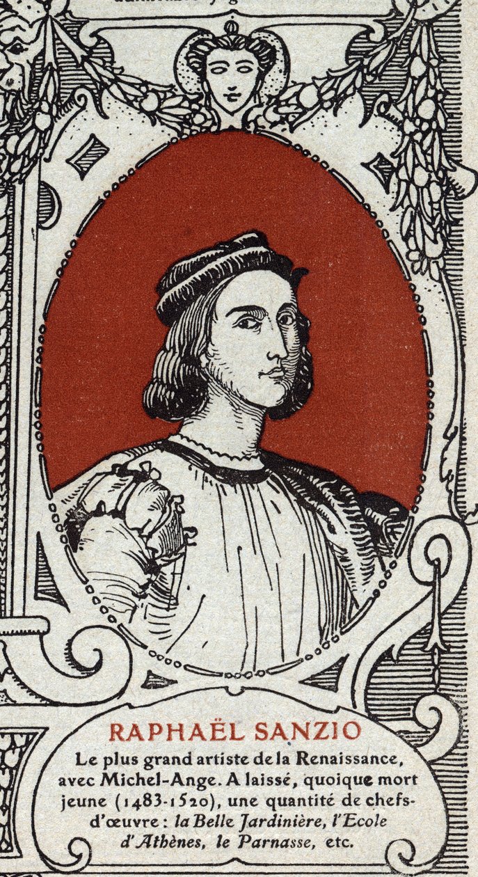 意大利文艺复兴时期画家拉斐尔（Raffaello Sanzio 1483-1520）的画像。1914年的雕版画。私人收藏。 作者 匿名匿名