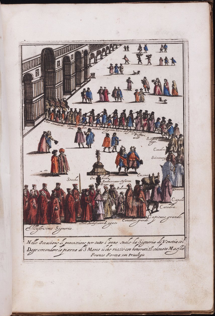 Procession du Doge et de son entourage sur la place Saint Marc, Venise - 总督及其随行人员在威尼斯圣马可广场的游行，匿名。铜版画，水彩画 作者 匿名匿名