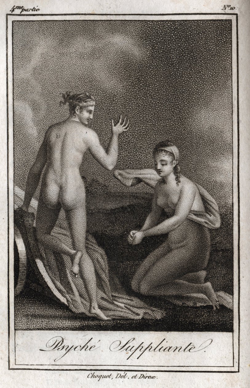 普西琪在乞讨。1819年的雕版画，载于查尔斯-阿尔伯特-德穆斯特（1760-1801）的《Lettres a Emilie sur la mythologie》。私人收藏。 作者 匿名匿名