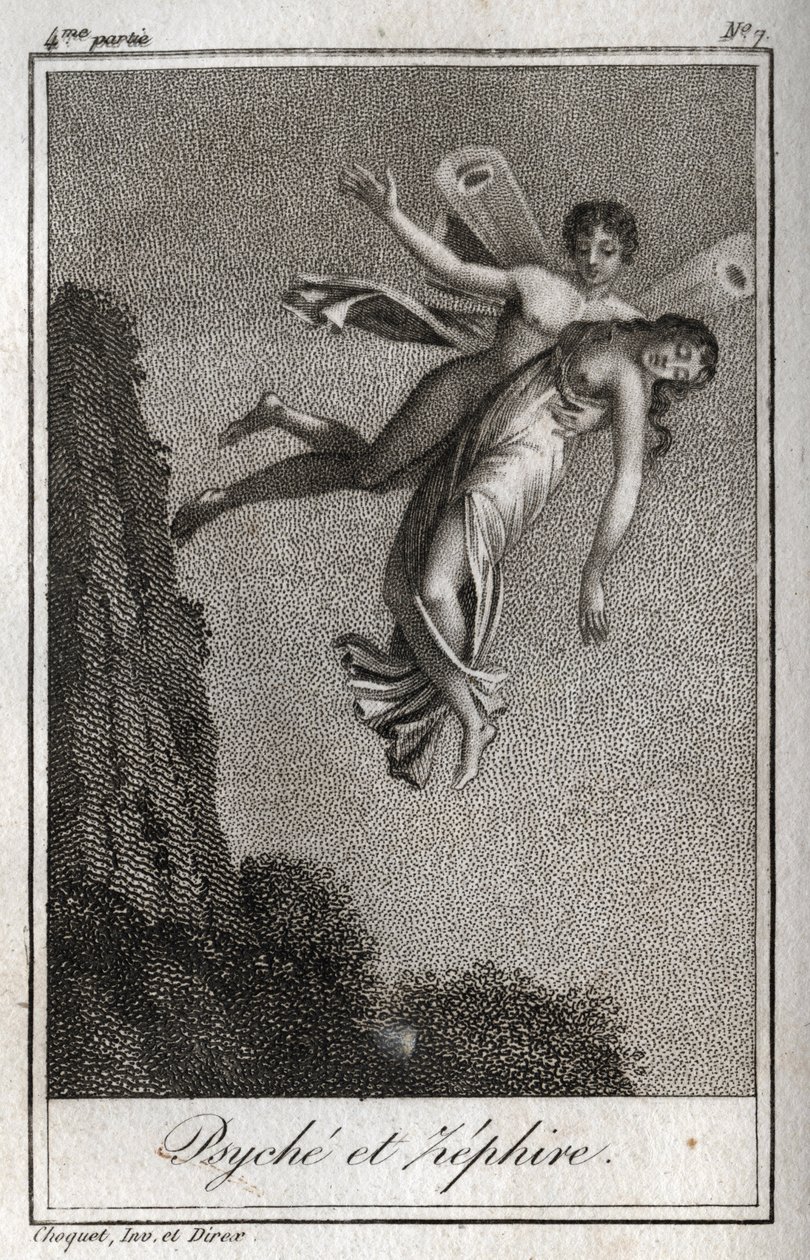 被Zephyr带走的Psyche。1819年的雕版画，载于查尔斯-阿尔伯特-德穆斯特（1760-1801）的 "Lettres a Emilie sur la mythologie"。私人收藏。 作者 匿名匿名