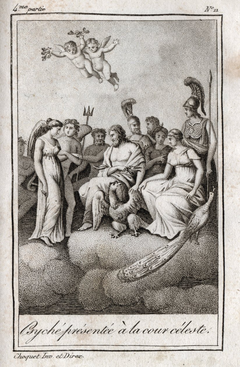 呈现给天庭的赛琪。1819年的雕版画，载于查尔斯-阿尔伯特-德穆斯特（1760-1801）的 "Lettres a Emilie sur la mythologie"。私人收藏。 作者 匿名匿名