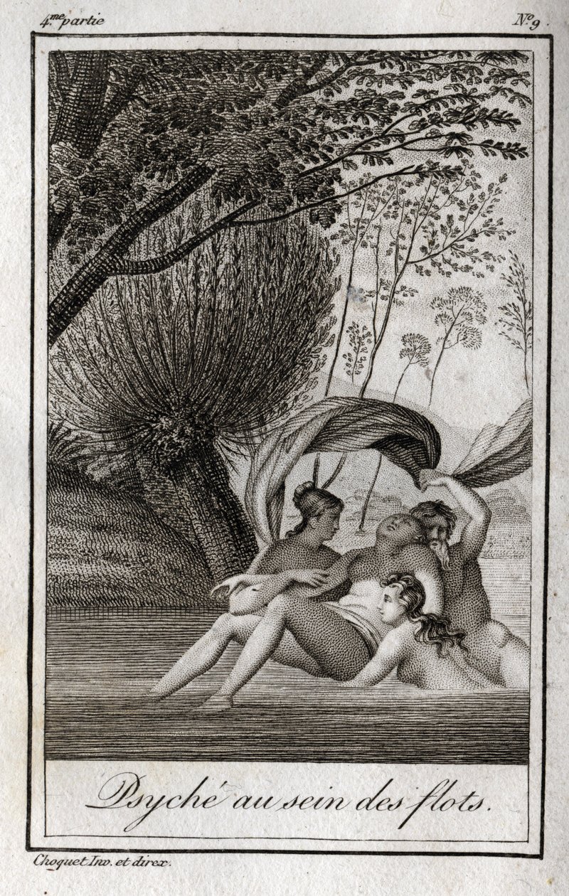 波浪中的赛琪。1819年的雕版画，载于查尔斯-阿尔伯特-德穆斯特（1760-1801）的 "Lettres a Emilie sur la mythologie"。私人收藏。 作者 匿名匿名