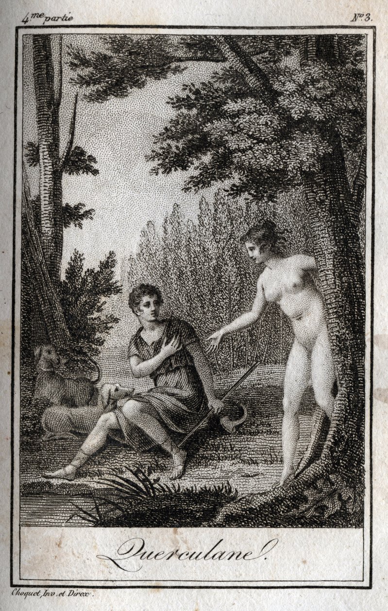 QUERCULANES，若虫，渠道保护者。 查尔斯·阿尔伯特·德穆斯捷 (1760-1801) 于 1819 年在“Lettres a Emilie sur la mythologie”中的雕刻。 私人收藏。 作者 匿名匿名