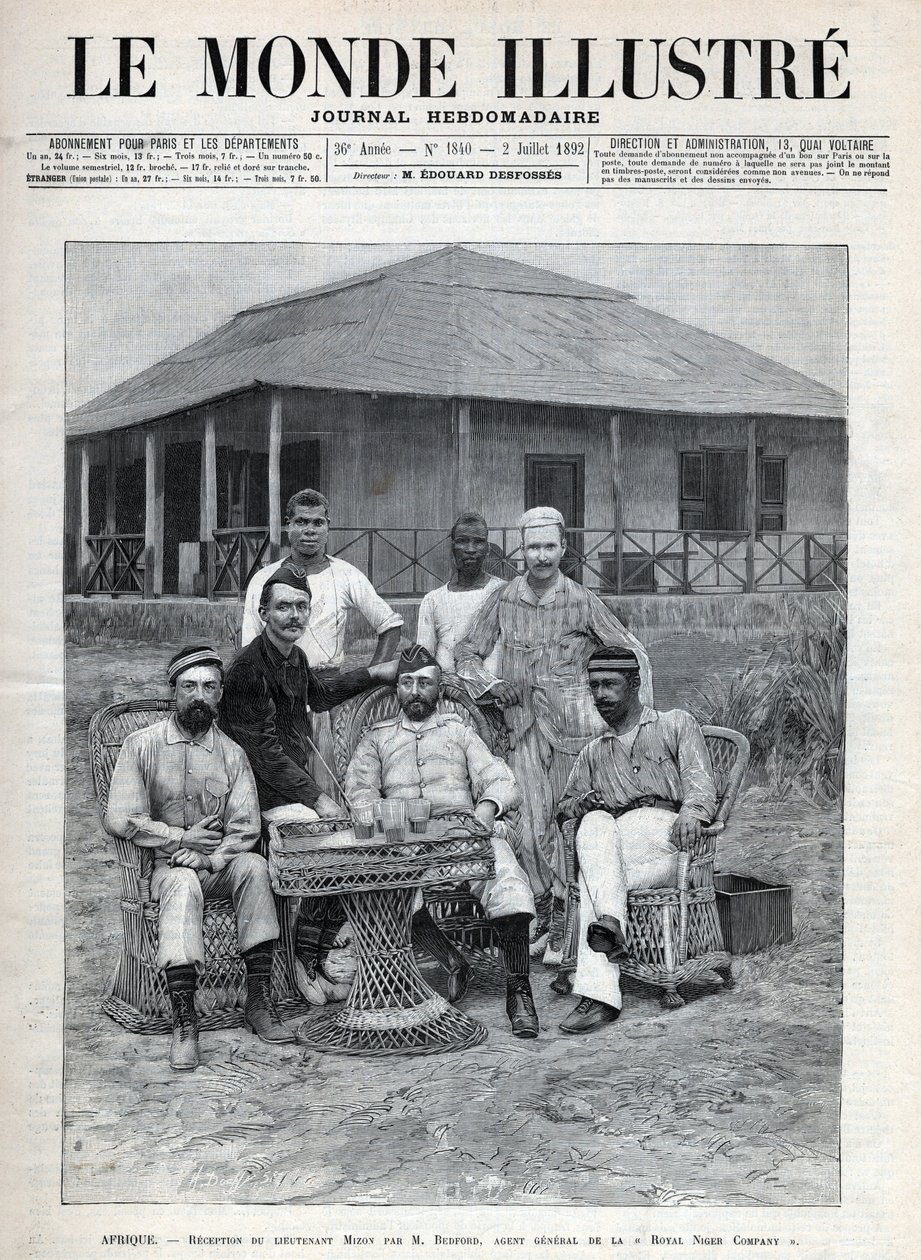 Reception of Lieutenant Mizon by Frederick Bedford (1838-1913), general agent of the Royal Niger Company. The French explorer Louis Alexandre Antoine Mizon (1853-1899) during his trip to West Africa. A newspaper. Engraving in “Le monde illustree”” of 1892. 作者 匿名匿名